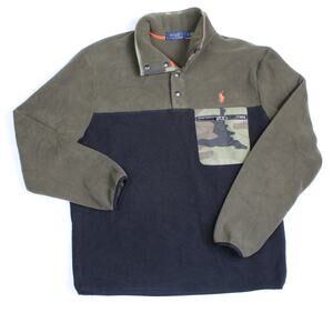 Polo Ralph Lauren Fleece Pullover Mens Medium Green Black Camo Pocket Preppy